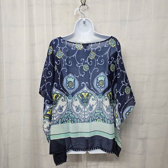 Talbots Blue Green Peasant Blouse Silk Blend Boho Festival Retro L - Picture 7 of 10